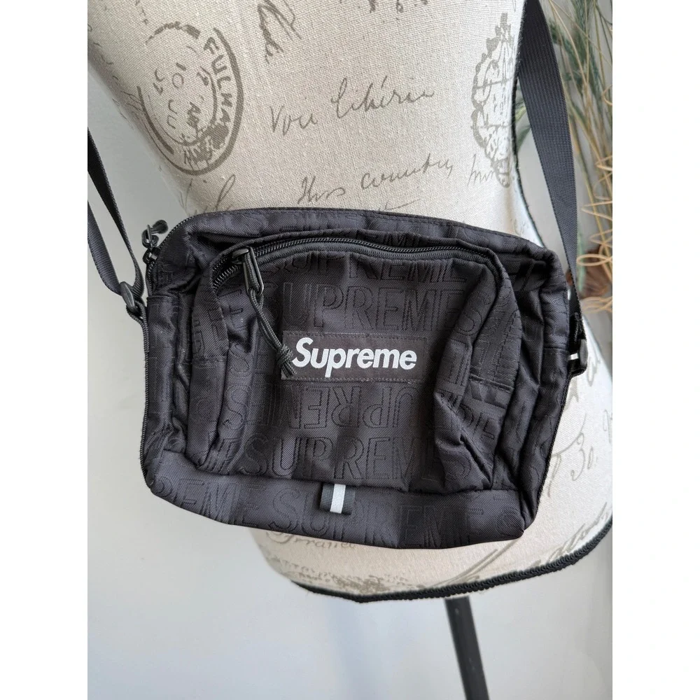Supreme FW19 Shoulder Bag Black Cordura Jacquard Logo Crossbody Messenger Bag